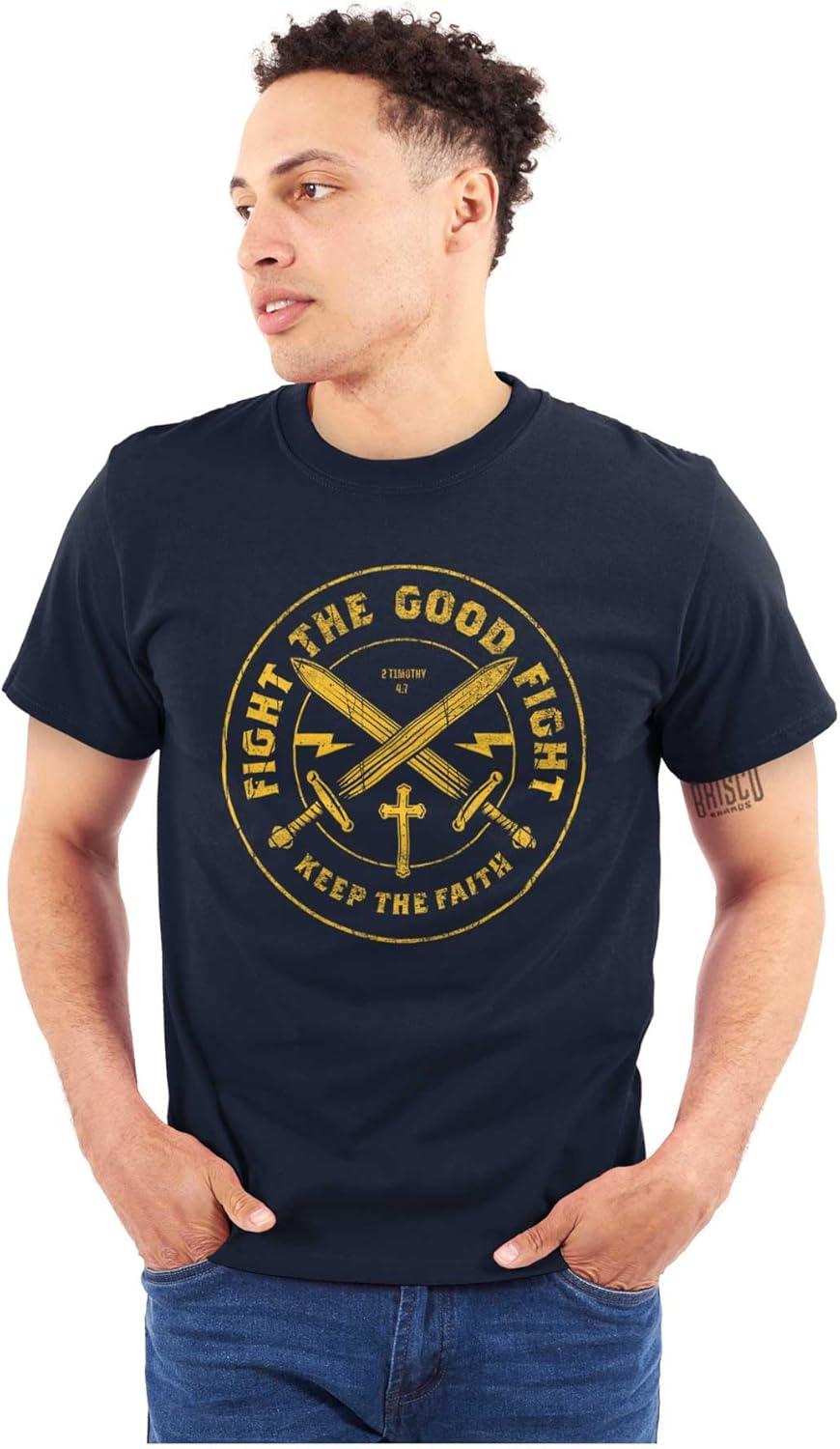 imageKeep The Faith Christian Graphic T Shirt Religious Mens Bible Verse Scripture Tee with Cross and SwordsNavy