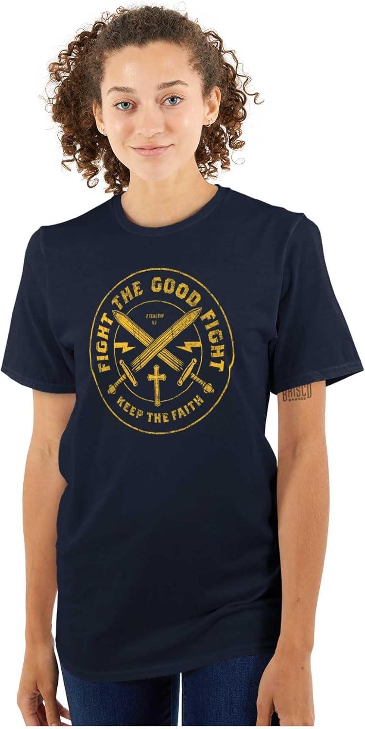 imageKeep The Faith Christian Graphic T Shirt Religious Mens Bible Verse Scripture Tee with Cross and SwordsNavy