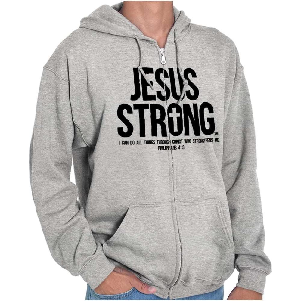 imageJesus Strong Philippians 413 Bible Zip Up Hoodie Mens WomensSport Grey