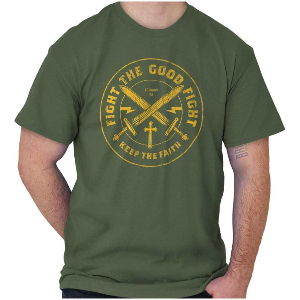 imageKeep The Faith Christian Graphic T Shirt Religious Mens Bible Verse Scripture Tee with Cross and SwordsMilitary Green