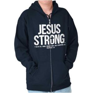Jesus Strong Philippians 4:13 Bible Zip Up Hoodie Mens Womens(Navy)
