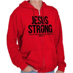 Jesus Strong Philippians 4:13 Bible Zip Up Hoodie Mens Womens(Red)