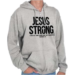 Jesus Strong Philippians 4:13 Bible Zip Up Hoodie Mens Womens(Sport Grey)