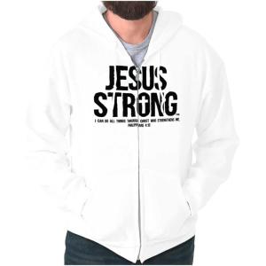 Jesus Strong Philippians 4:13 Bible Zip Up Hoodie Mens Womens(White)