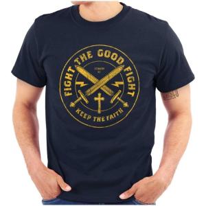 Keep The Faith Christian Graphic T Shirt | Religious Men’s Bible Verse Scripture Tee with Cross and Swords(Navy)