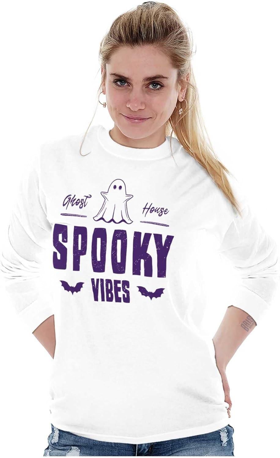 imageCool Halloween Ghost Spooky Vibes Long Sleeve Tshirt Men WomenWhite