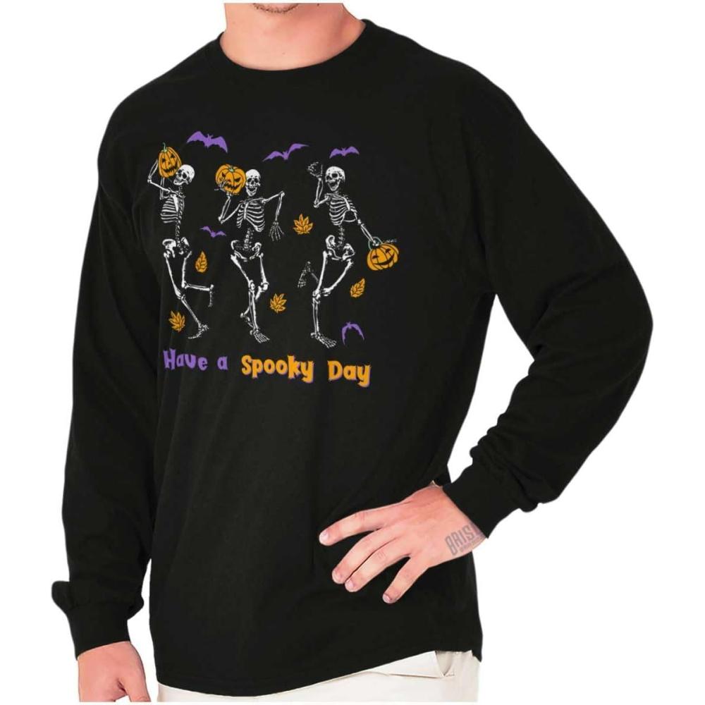 imageBrisco Brands Halloween Have A Spooky Day Skeletons Long Sleeve Tshirt Men WomenBlack