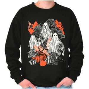 Brisco Brands Autumn Leaves Fall Ghosts Pumpkins Sweatshirt for Men or Women(Black)