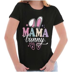 Brisco Brands Cute Spring Easter Mama Bunny Ears Womens Slim Fit Graphic Tee(Black)