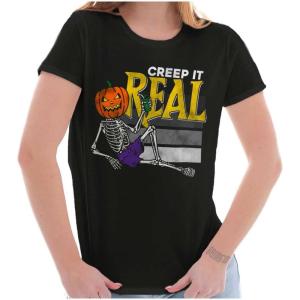 Funny Halloween Creep It Real Joke Womens Slim Fit Graphic Tee(Black)