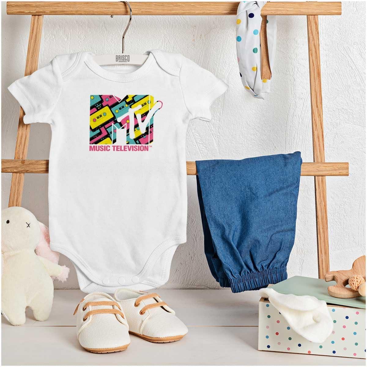 imageBrisco Brands Cool Retro MTV Cassette Tapes Logo Baby Romper Boys or GirlsWhite