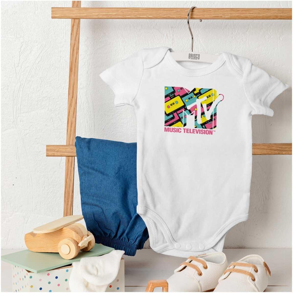 imageBrisco Brands Cool Retro MTV Cassette Tapes Logo Baby Romper Boys or GirlsWhite