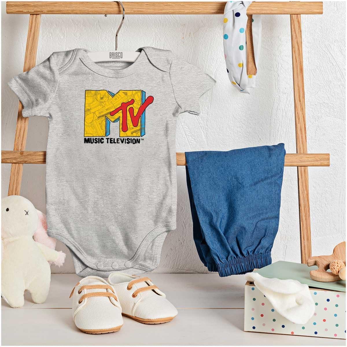 imageBrisco Brands Retro Classic MTV Collage Logo Baby Romper Boys or GirlsHeather