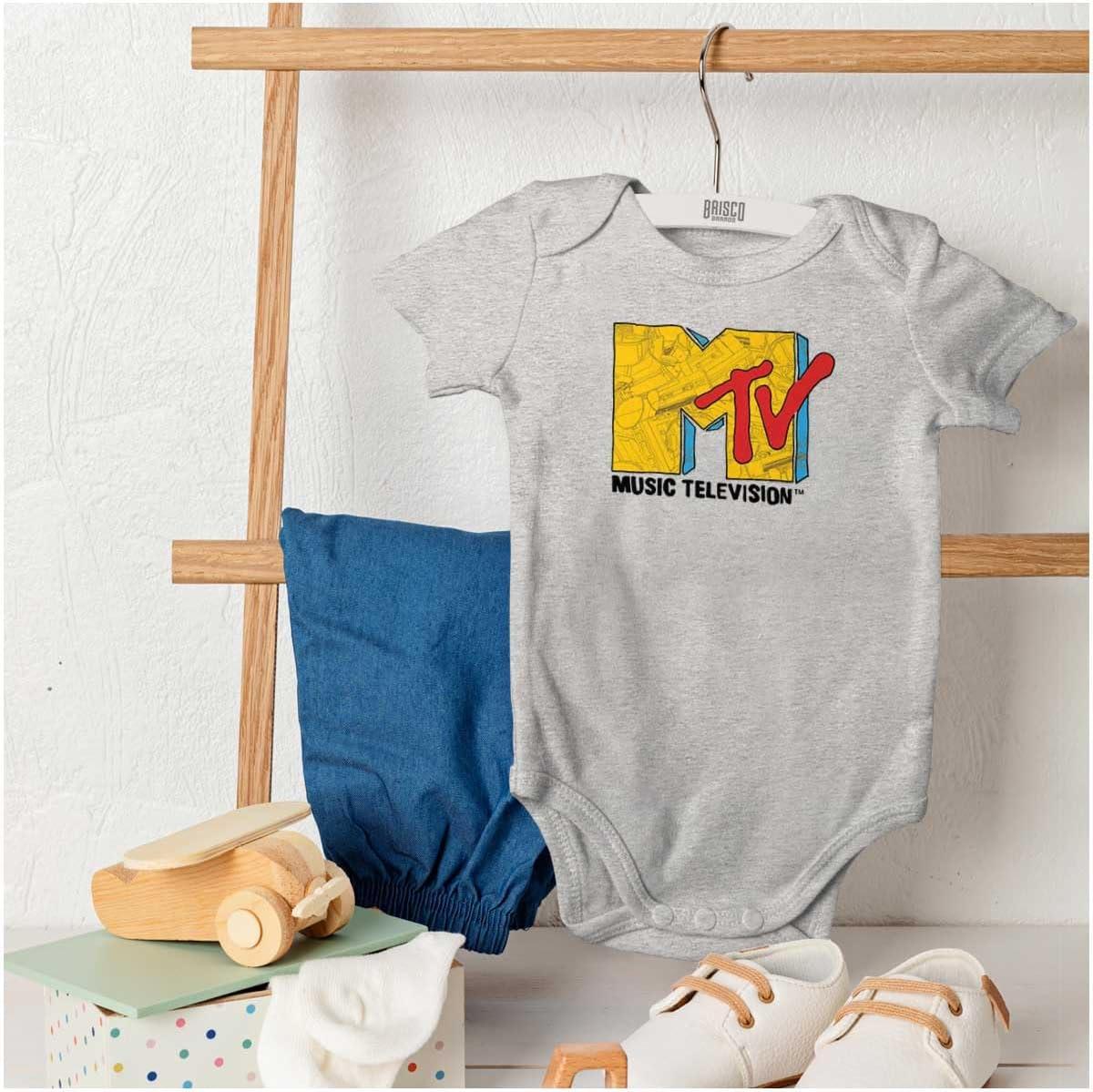 imageBrisco Brands Retro Classic MTV Collage Logo Baby Romper Boys or GirlsHeather