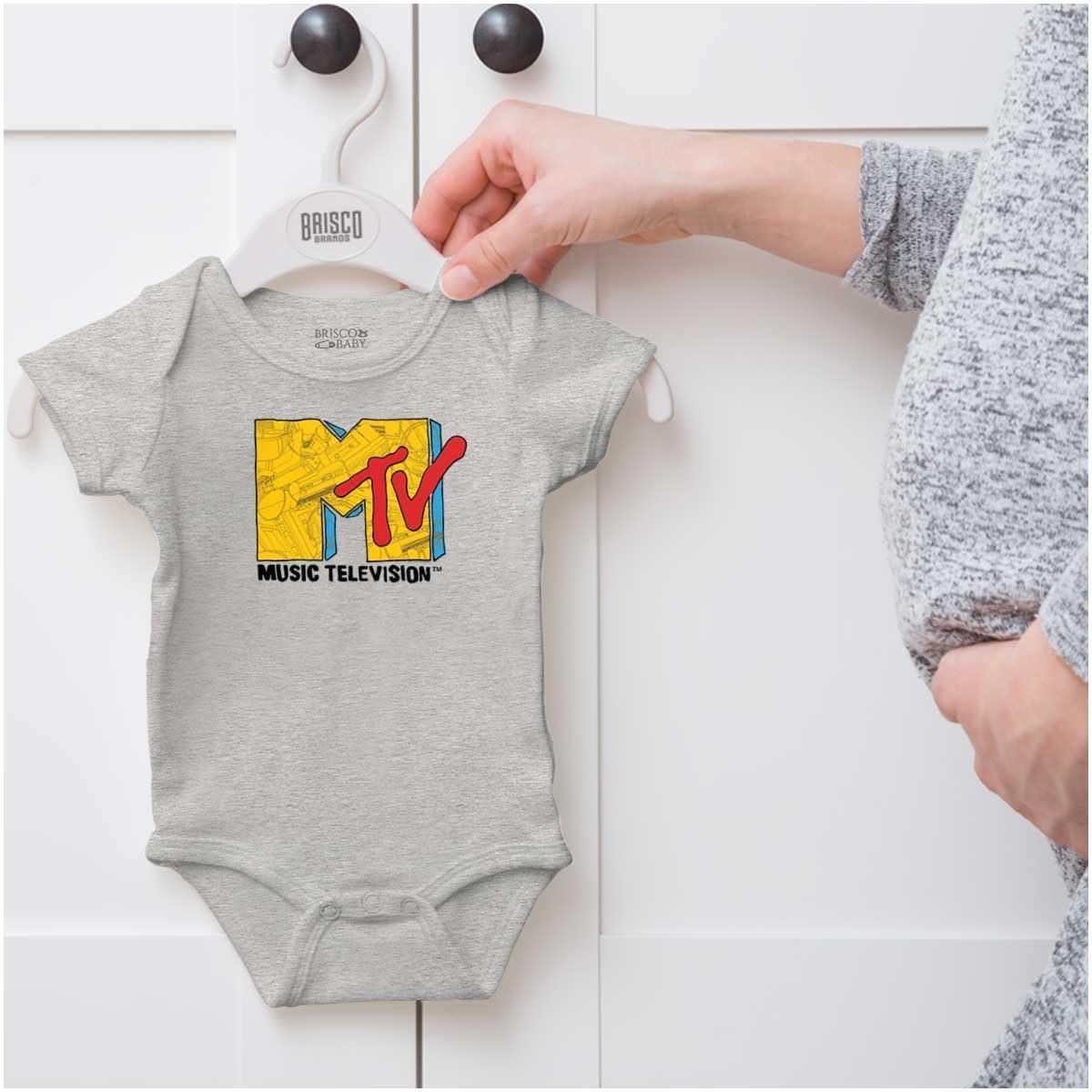 imageBrisco Brands Retro Classic MTV Collage Logo Baby Romper Boys or GirlsHeather
