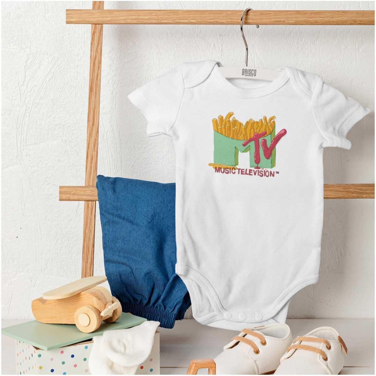 imageBrisco Brands Retro MTV French Fried Food Logo Baby Romper Boys or GirlsWhite