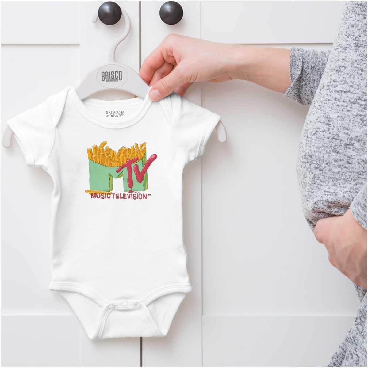 imageBrisco Brands Retro MTV French Fried Food Logo Baby Romper Boys or GirlsWhite