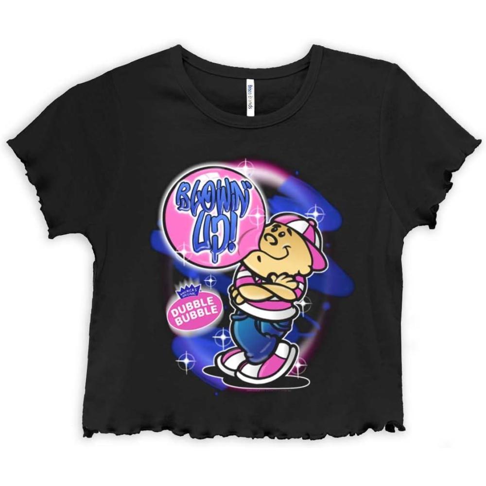 imageAirbrushed Dubble Bubble Blowing Up Womens Lettuce Trim Crop TopBlack