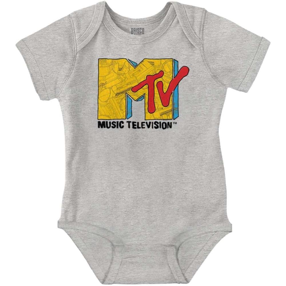 imageBrisco Brands Retro Classic MTV Collage Logo Baby Romper Boys or GirlsHeather