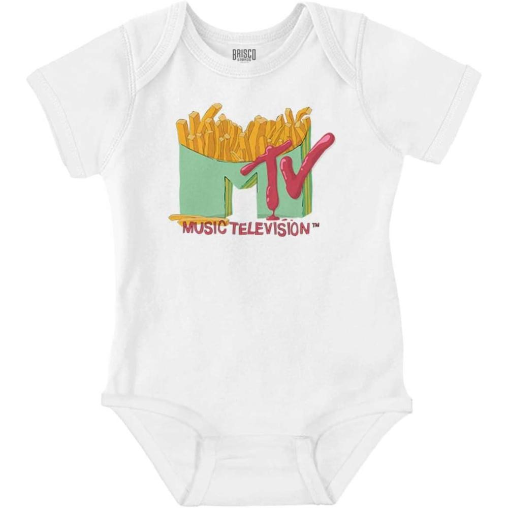 imageBrisco Brands Retro MTV French Fried Food Logo Baby Romper Boys or GirlsWhite