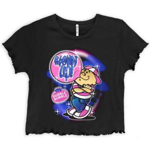 Airbrushed Dubble Bubble Blowing Up Womens Lettuce Trim Crop Top(Black)