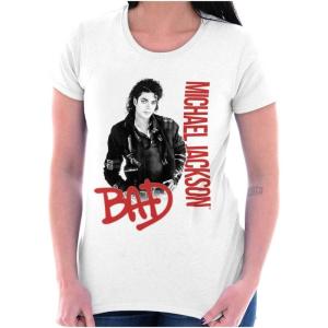 Michael Jackson Bad Music Album Cover Womens Slim Fit Graphic Tee(White)