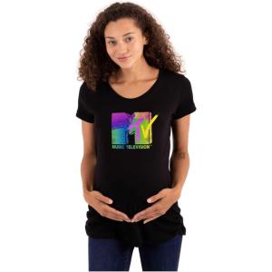 Womens Maternity Retro MTV Distressed Stamps Logo T Shirt Tee(Black)