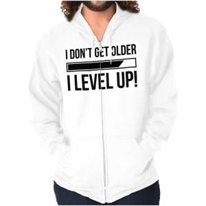 Brisco Brands I Dont Get Older I Level Up Gamer Zip Up Hoodie Mens Womens(White)