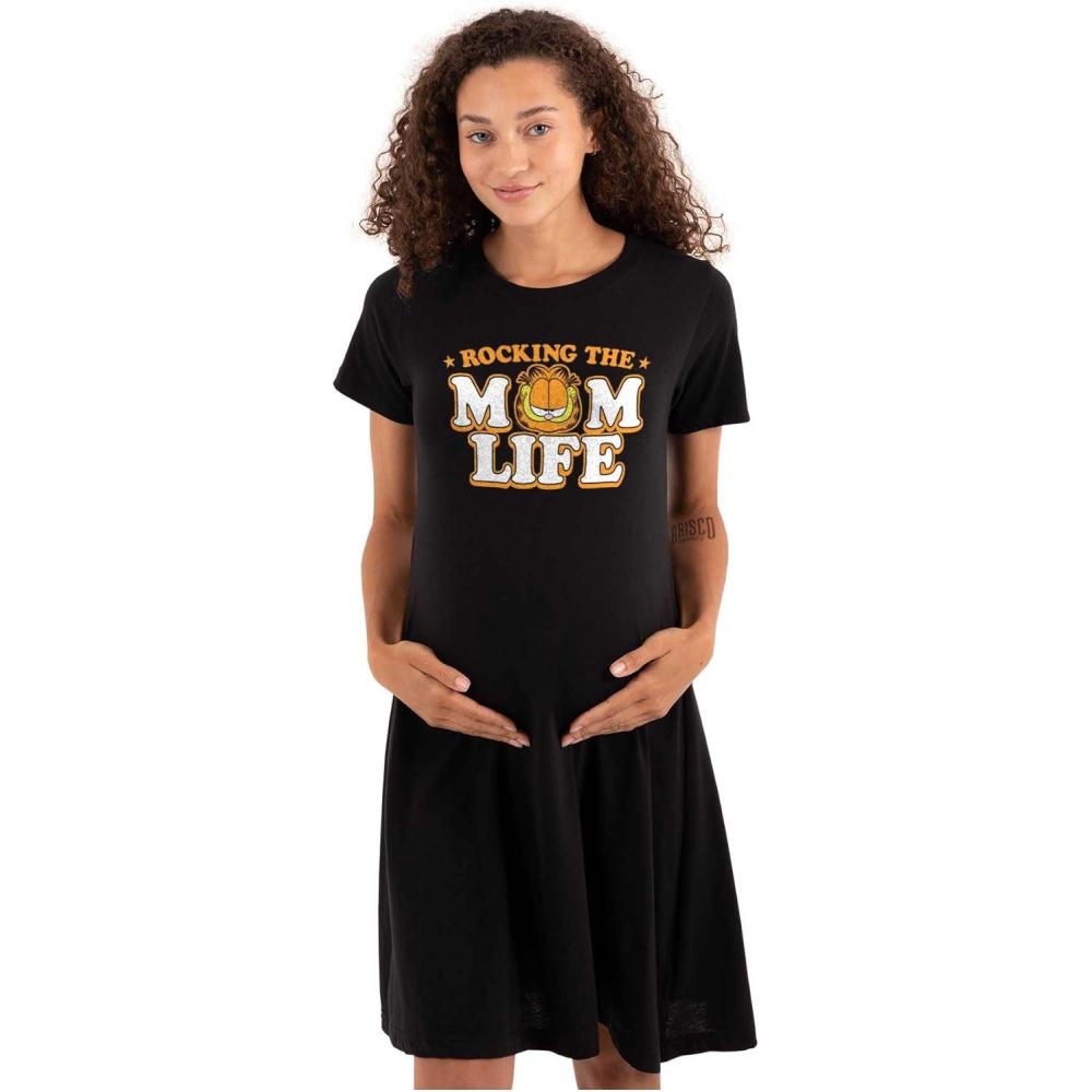 imageWomens Maternity Garfield Cartoon Rocking Mom Life Pregnancy DressBlack