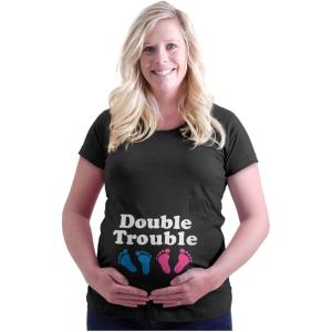 Brisco Brands Womens Maternity Double Trouble Twins Expecting T Shirt Tee(Black – Blue & Pink Ink)