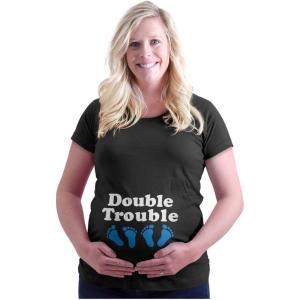 Brisco Brands Womens Maternity Double Trouble Twins Expecting T Shirt Tee(Black – Blue Ink)