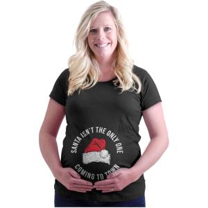 Womens Maternity Santa Isn’t Only One Coming to Town T Shirt Tee(Black)