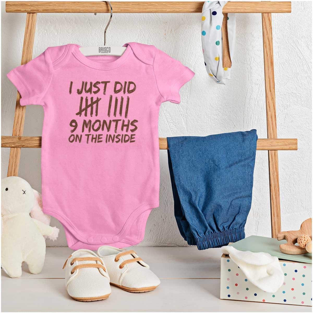imageBrisco Brands 9 Months On The Inside Tally Marks Baby Romper Boys or GirlsPink