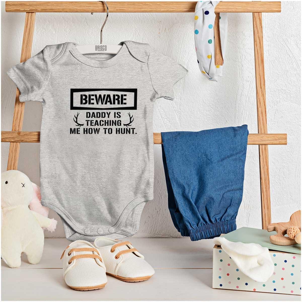 imageBrisco Brands Beware Daddy Teaching Me to Hunt Baby Romper Boys or GirlsHeather
