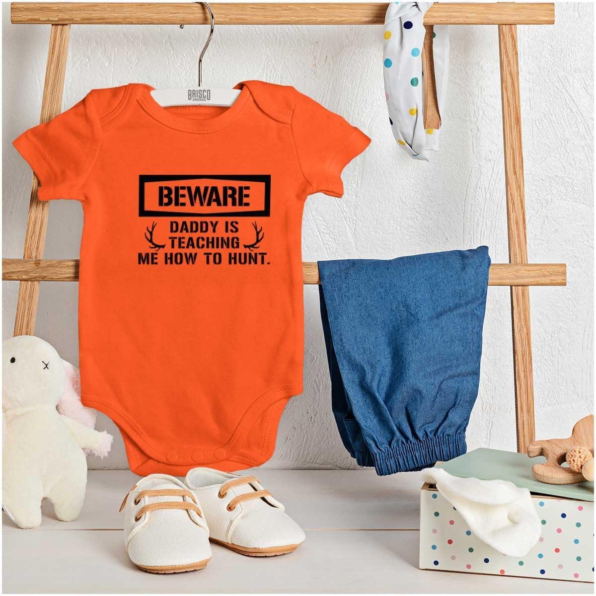 imageBrisco Brands Beware Daddy Teaching Me to Hunt Baby Romper Boys or GirlsOrange