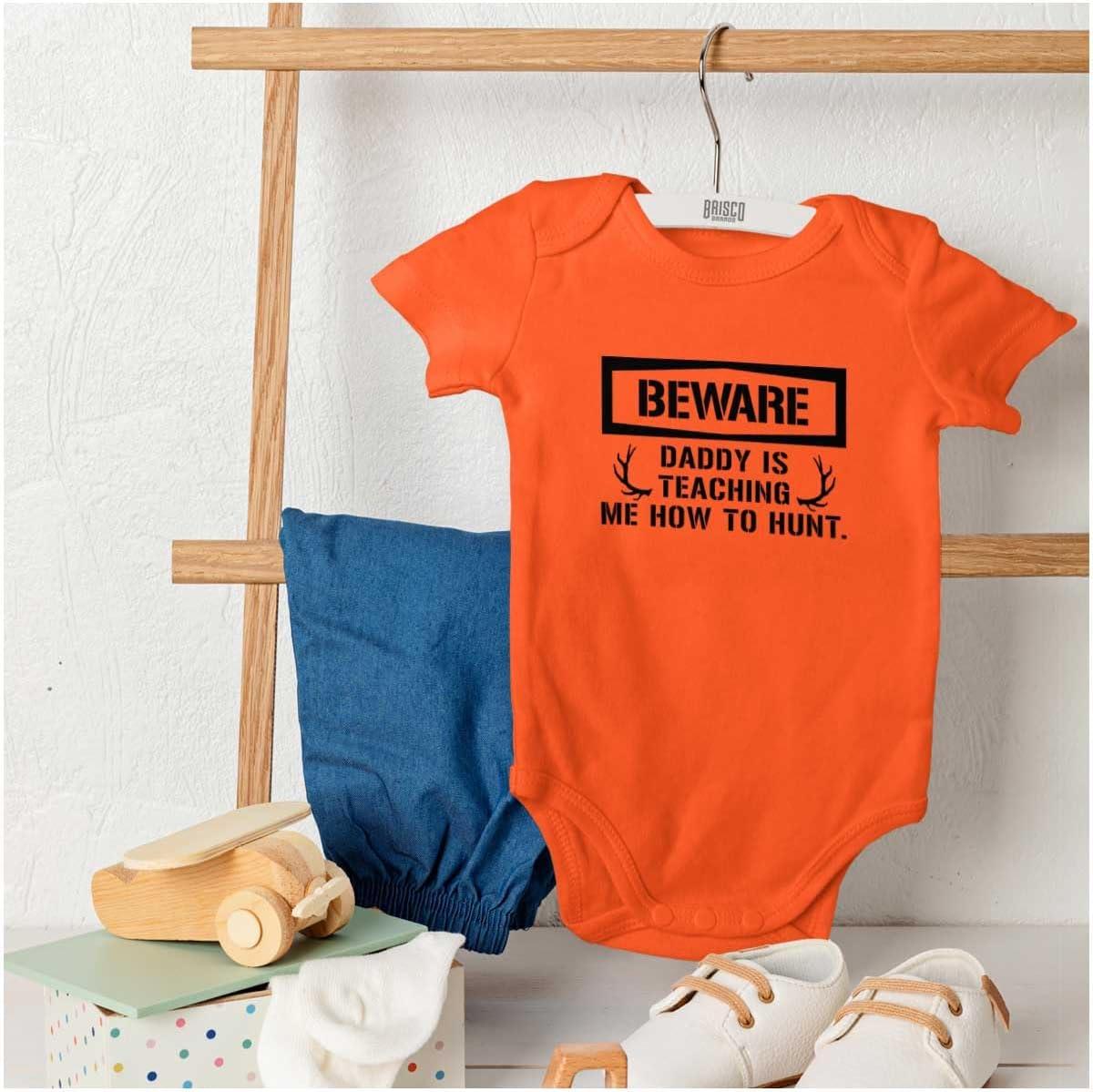 imageBrisco Brands Beware Daddy Teaching Me to Hunt Baby Romper Boys or GirlsOrange
