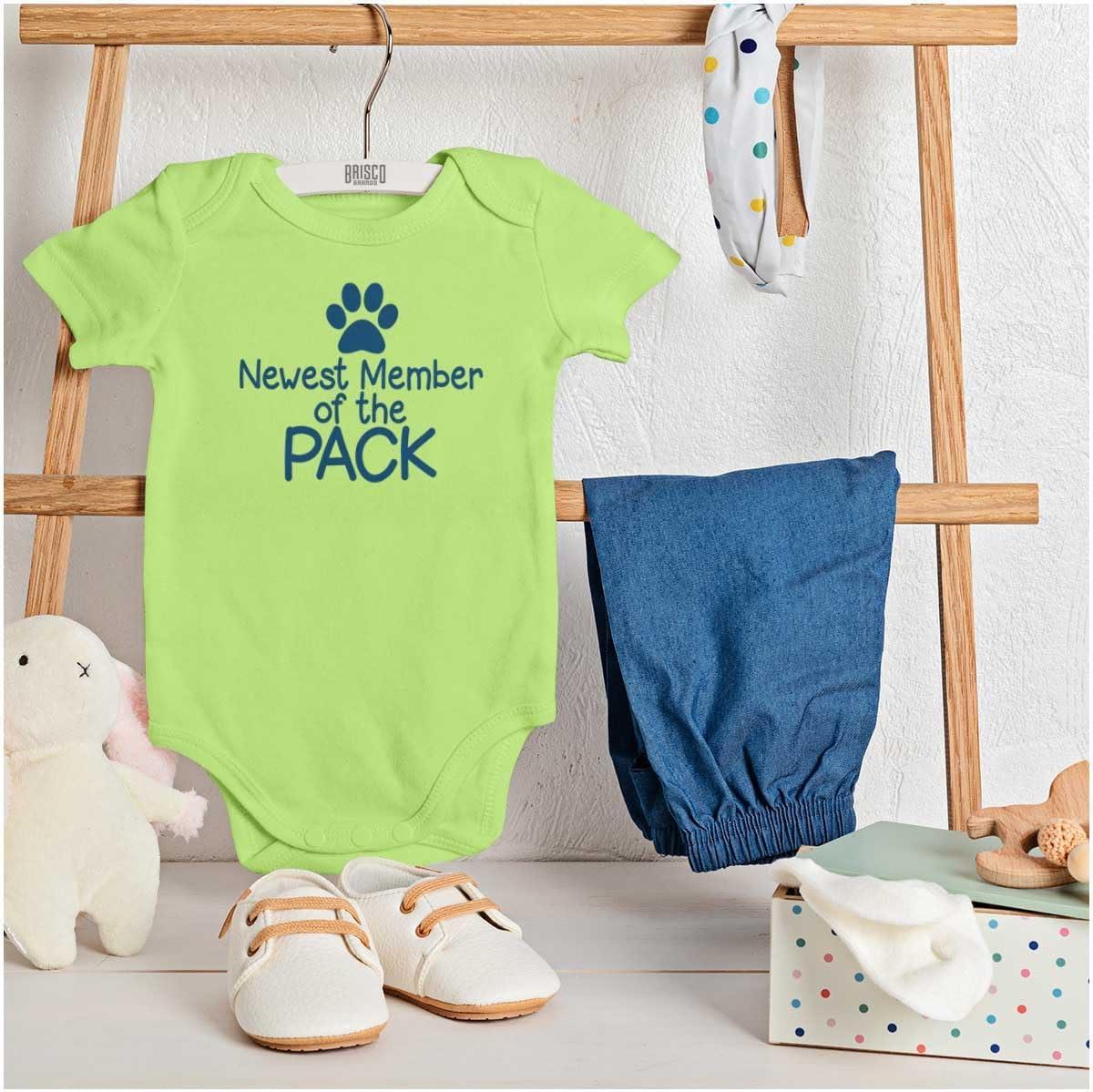 imageBrisco Brands Cute Member of the Pack Paw Print Baby Romper Boys or GirlsKey Lime