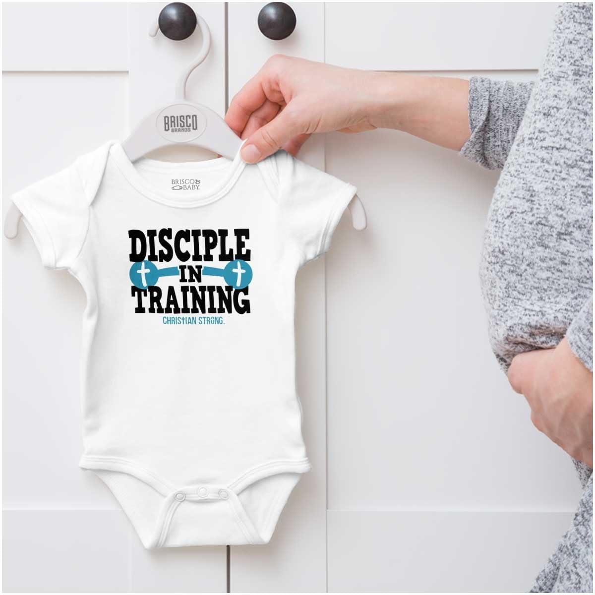 imageBrisco Brands Disciple Training Christian Gym Baby Romper Boys or GirlsWhite