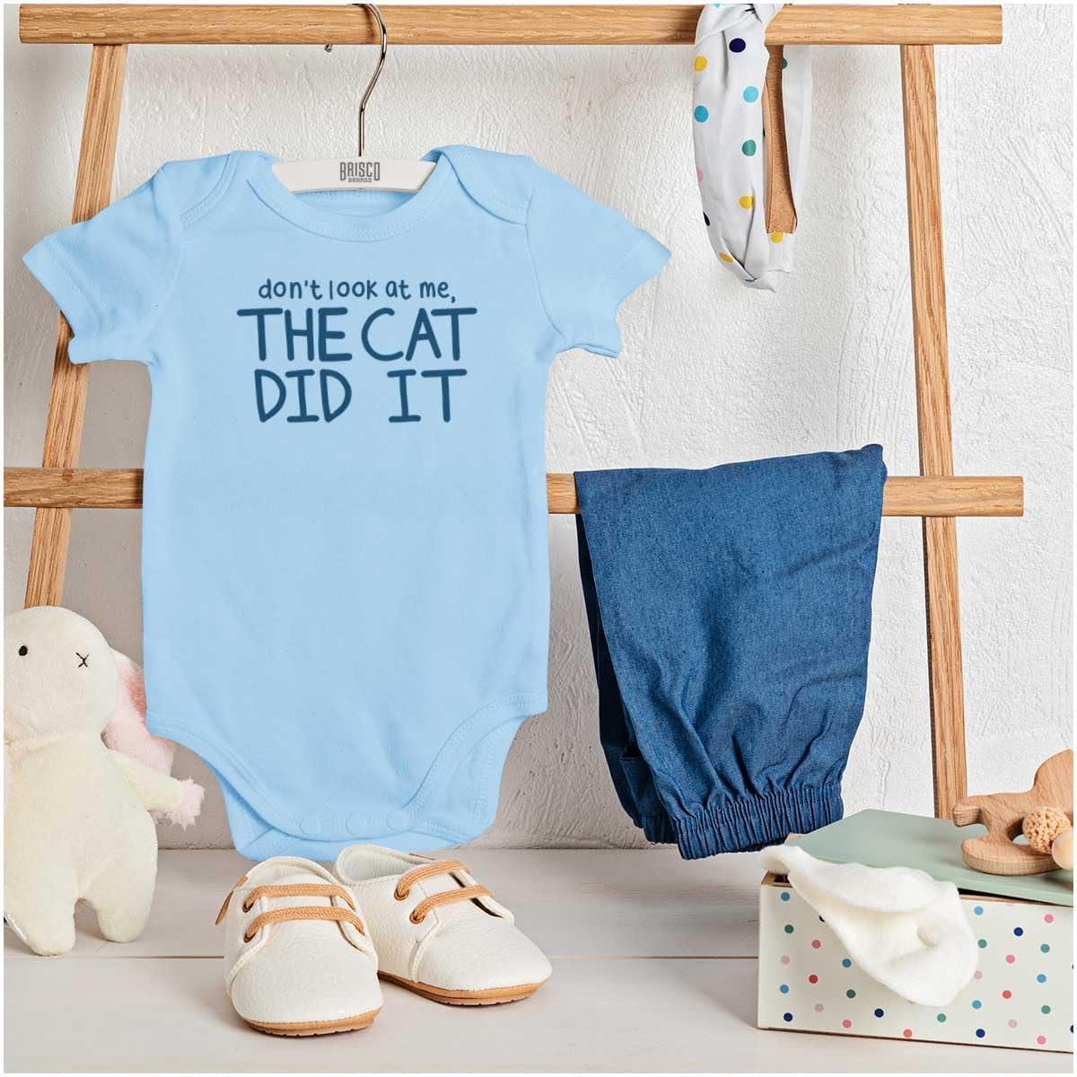 imageBrisco Brands Dont Look At Me The Cat Did It Baby Romper Boys or GirlsLight Blue