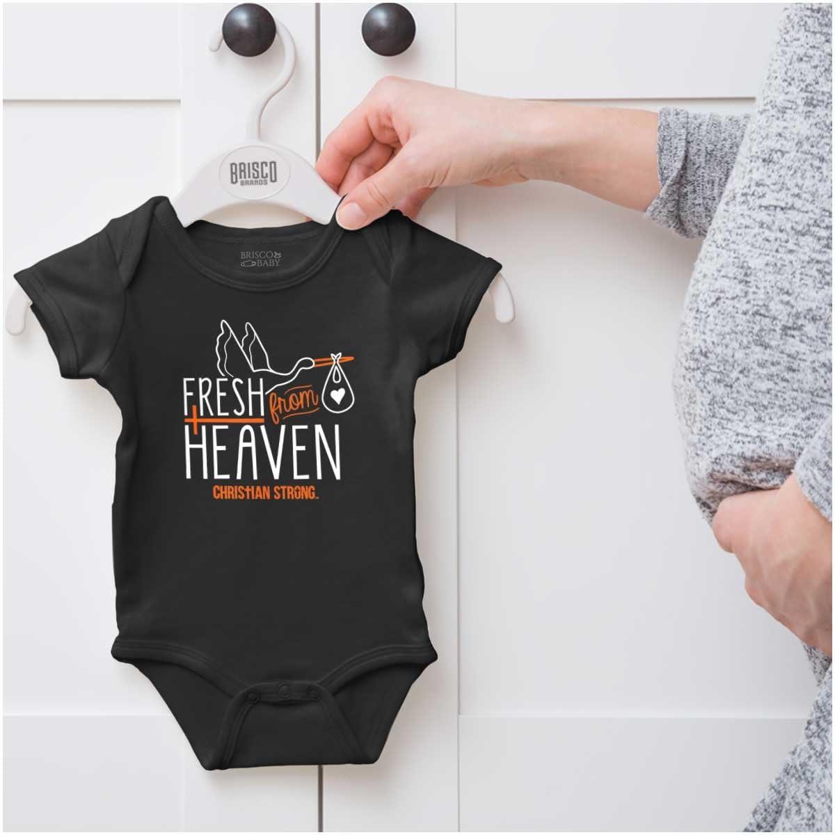 imageBrisco Brands Fresh From Heaven Shower Religious Baby Romper Boys or GirlsBlack