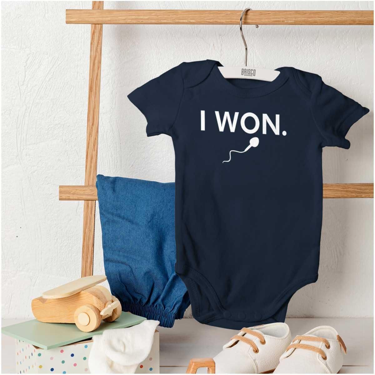 imageBrisco Brands Funny I Won Little Swimmers Race Baby Romper Boys or GirlsNavy