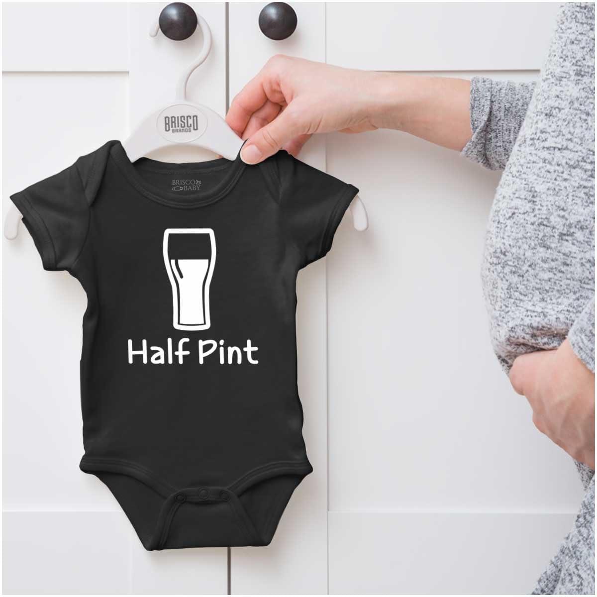 imageBrisco Brands Half Pint Milk Bottle Humor Dad Joke Baby Romper Boys or GirlsBlack