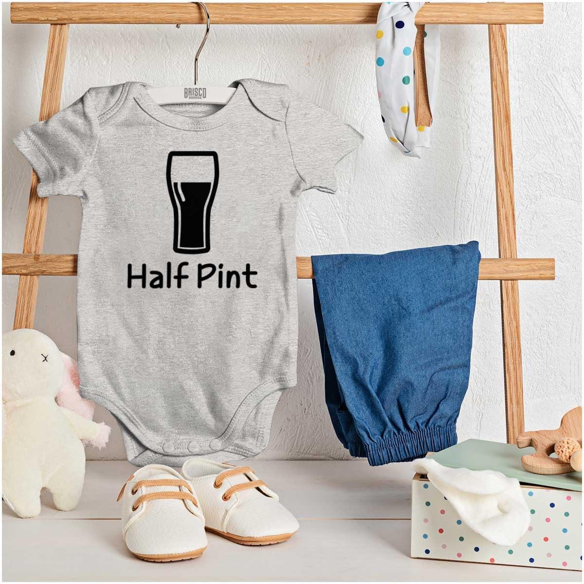 imageBrisco Brands Half Pint Milk Bottle Humor Dad Joke Baby Romper Boys or GirlsHeather