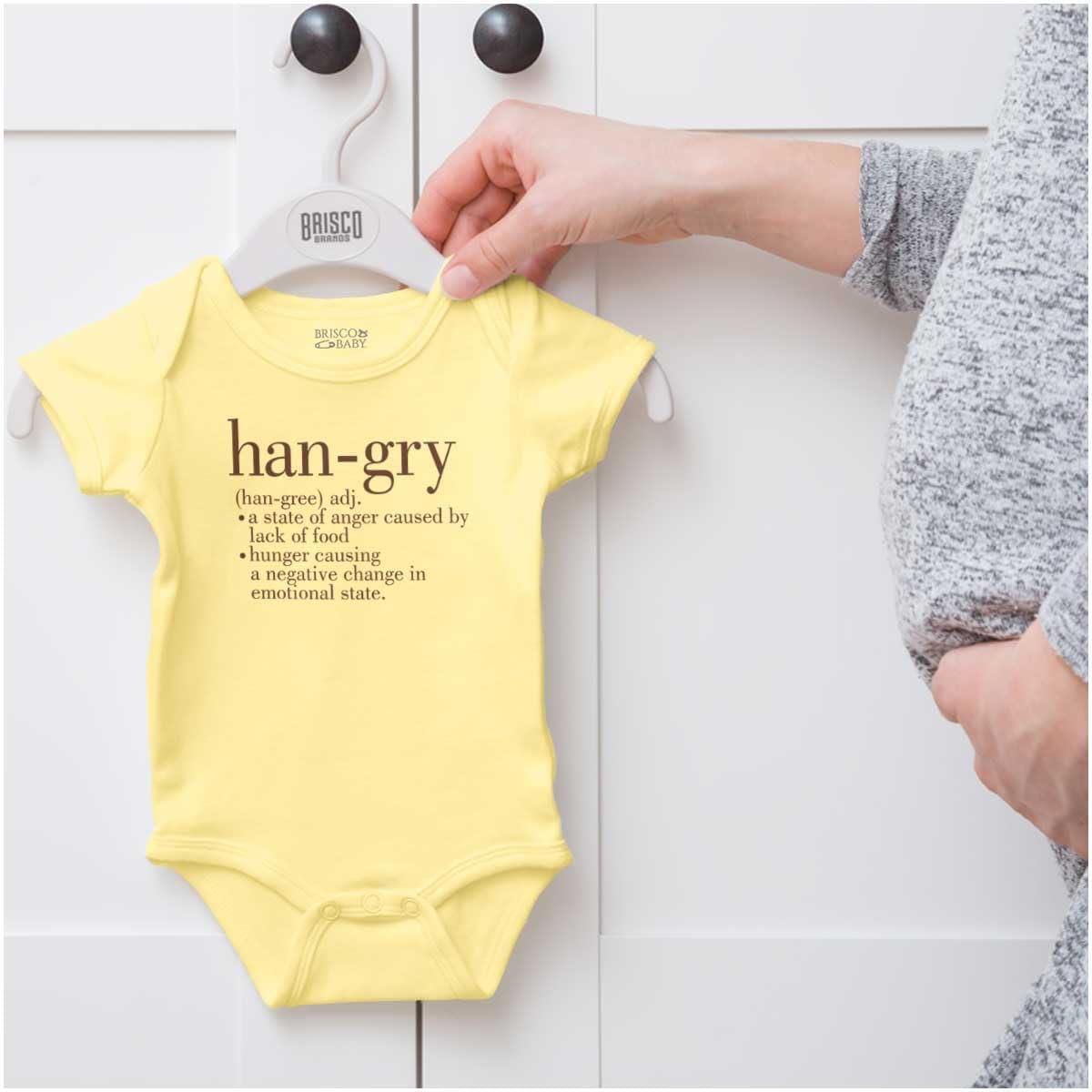 imageBrisco Brands Hangry Definition Angry Foodie Baby Romper Boys or GirlsBanana