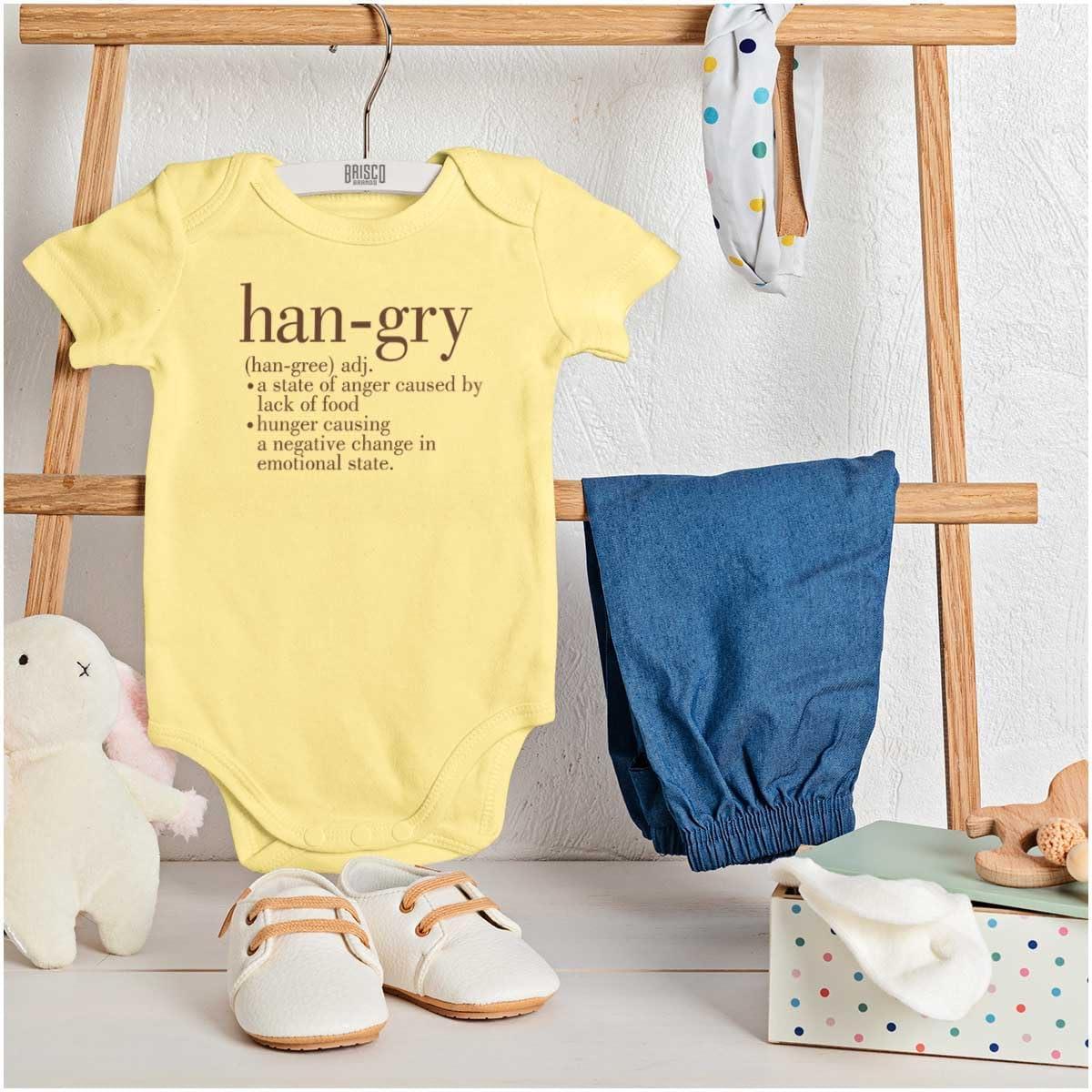 imageBrisco Brands Hangry Definition Angry Foodie Baby Romper Boys or GirlsBanana