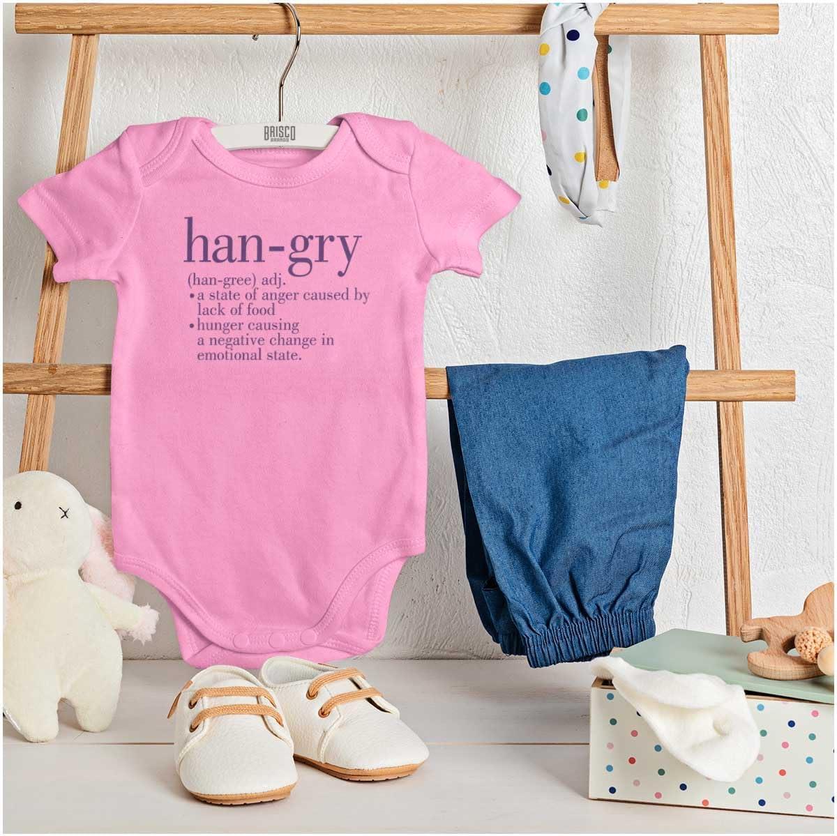 imageBrisco Brands Hangry Definition Angry Foodie Baby Romper Boys or GirlsPink