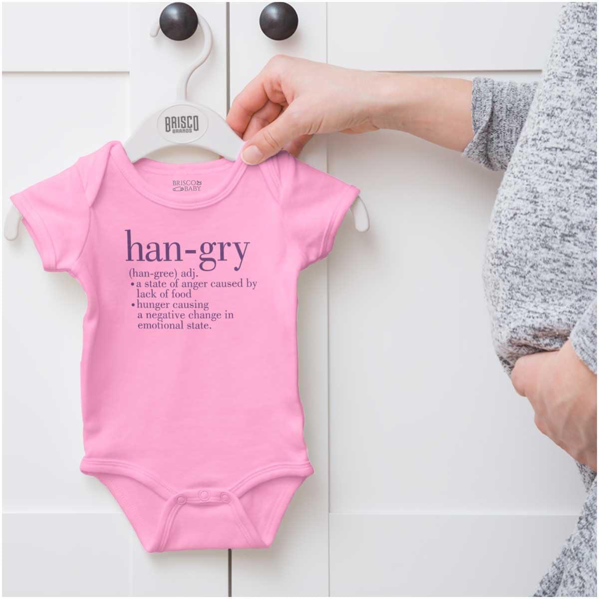 imageBrisco Brands Hangry Definition Angry Foodie Baby Romper Boys or GirlsPink