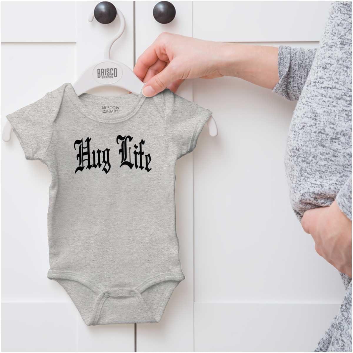 imageBrisco Brands Hug Life Tattoo Letters Font Funny Baby Romper Boys or GirlsHeather