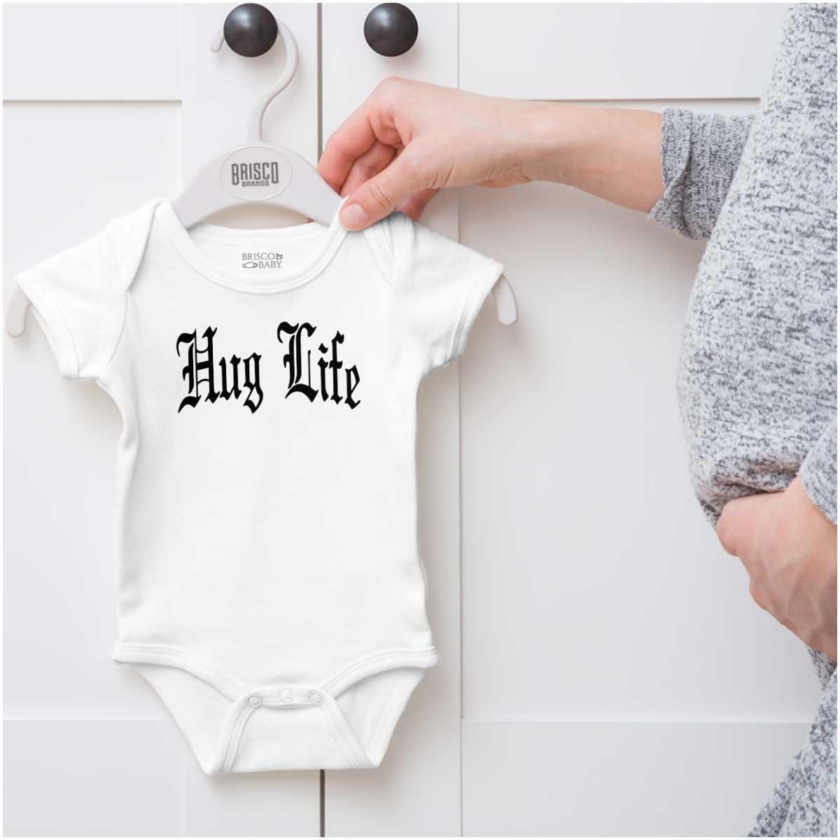 imageBrisco Brands Hug Life Tattoo Letters Font Funny Baby Romper Boys or GirlsWhite