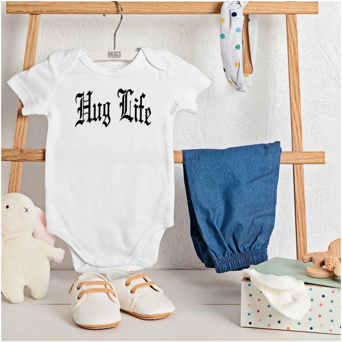 imageBrisco Brands Hug Life Tattoo Letters Font Funny Baby Romper Boys or GirlsWhite